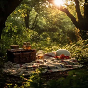 Woodland clearing with a rustic picnic setup under soft light. - Image 2