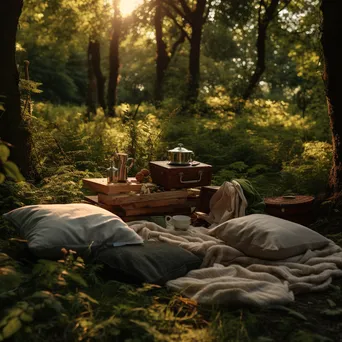 Woodland clearing with a rustic picnic setup under soft light. - Image 4