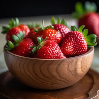 Close-up of organic strawberries in a wooden bowl. - Image 1