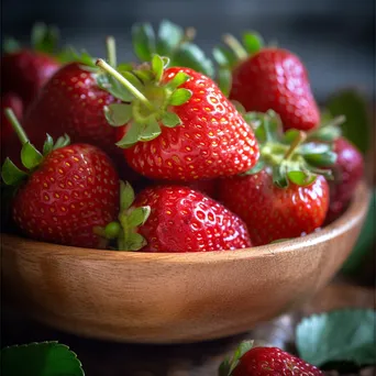 Close-up of organic strawberries in a wooden bowl. - Image 4