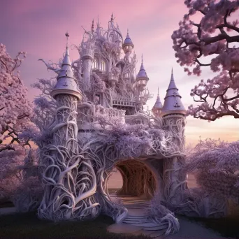 Twilight fairy tale castle crafted from recycled plastic, characterized by Rocco Revival