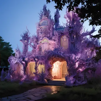 Twilight fairy tale castle crafted from recycled plastic, characterized by Rocco Revival