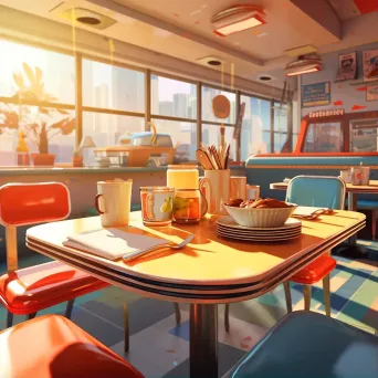 American diner breakfast in low poly style, inspired by mid-century graphic designs - Image 1