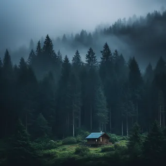 Lonely cabin in a misty valley surrounded by fog and trees - Image 2