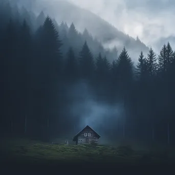 Lonely cabin in a misty valley surrounded by fog and trees - Image 3