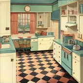 Image of a vintage American kitchen with formica countertops and a checkered floor - Image 2