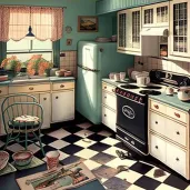 Image of a vintage American kitchen with formica countertops and a checkered floor - Image 4