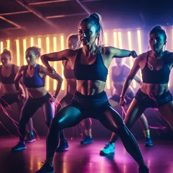 Participants engaged in an energetic HIIT class with colorful lighting. - Image 3