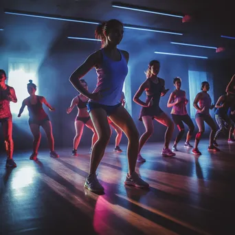 Participants engaged in an energetic HIIT class with colorful lighting. - Image 4