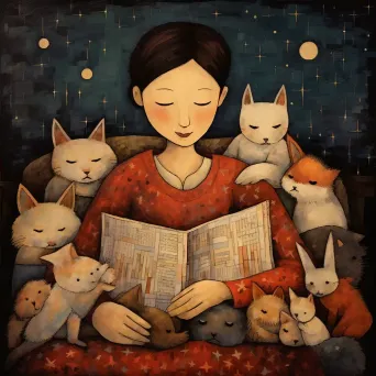 Illustration of a family of animals listening to bedtime stories in a cozy setting - Image 4