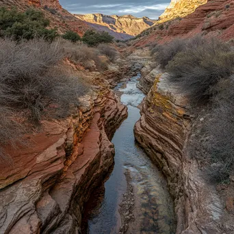 Meandering mountain stream flowing through colorful canyon with red rock layers. - Image 1