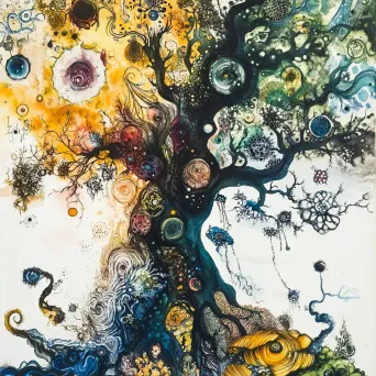 Massive tree with roots woven with dreams and nightmares, blending watercolor and ink techniques - Image 2