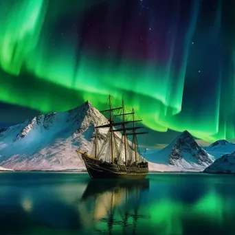 Viking longships under Northern Lights - Image 1