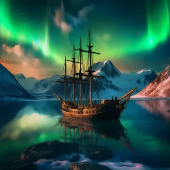 Viking longships under Northern Lights - Image 2