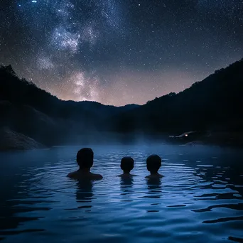 A family enjoying a thermal spring under a starlit sky at night. - Image 2