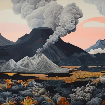 Volcanic landscape with lava fields and smoking volcano - Image 4