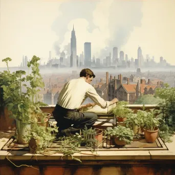 Man planting rooftop garden with skyscrapers in the background - Image 4