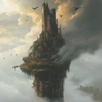 Steampunk styled tower of a wizard on a floating island amidst mechanical birds - Image 1