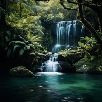 Hidden waterfall pouring into a turquoise lagoon surrounded by plants - Image 3