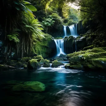 Hidden waterfall pouring into a turquoise lagoon surrounded by plants - Image 4