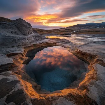 A geothermal pool at sunset reflecting warm colors with rocky formations surrounding it. - Image 1