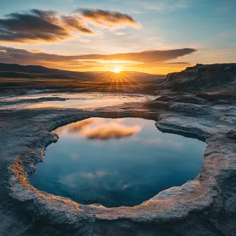 A geothermal pool at sunset reflecting warm colors with rocky formations surrounding it. - Image 3