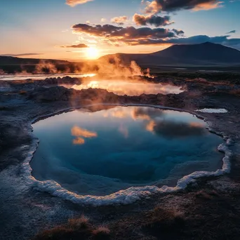 A geothermal pool at sunset reflecting warm colors with rocky formations surrounding it. - Image 4