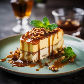 Slice of cheesecake topped with caramel and nuts - Image 1