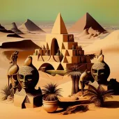 Aztec pyramids and Egyptian sphinxes in desert landscape - Image 1