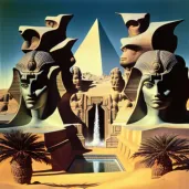 Aztec pyramids and Egyptian sphinxes in desert landscape - Image 3