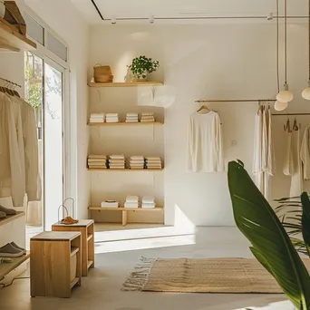 Interior of a minimalistic clothing store focused on sustainable fashion. - Image 1