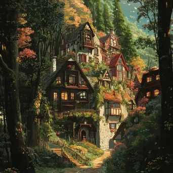 Animation-style depiction of an enigmatic enchanted forest with seasonal houses - Image 1