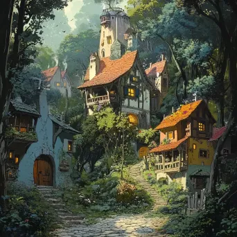 Animation-style depiction of an enigmatic enchanted forest with seasonal houses - Image 2