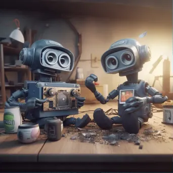 Cartoon robots doing website maintenance playfully - Image 1