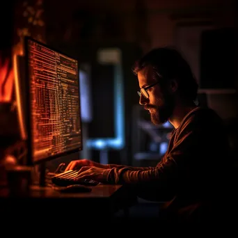 Programmer silhouetted against a dark background with a glowing computer screen. - Image 1