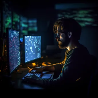 Programmer silhouetted against a dark background with a glowing computer screen. - Image 2