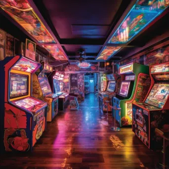 Image of a 1980s arcade with classic video game cabinets and neon signs - Image 1