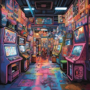 Image of a 1980s arcade with classic video game cabinets and neon signs - Image 2