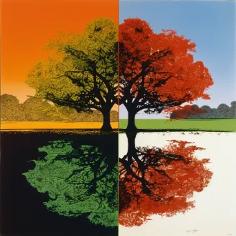 Image of a tranquil lake reflecting a tree in different seasonal forms - Image 1