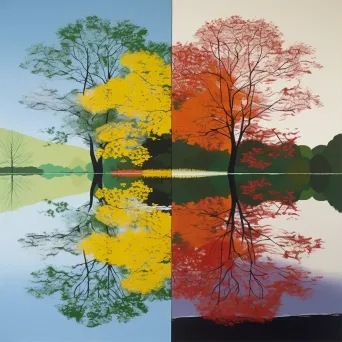 Image of a tranquil lake reflecting a tree in different seasonal forms - Image 3