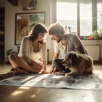 Couple planning on a large calendar on the floor with a pet nearby. - Image 1