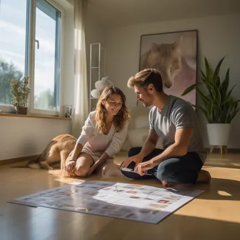 Couple planning on a large calendar on the floor with a pet nearby. - Image 4