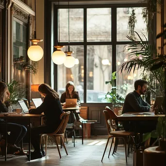 Individuals enjoying coffee and collaborating in a vintage co-working space - Image 2