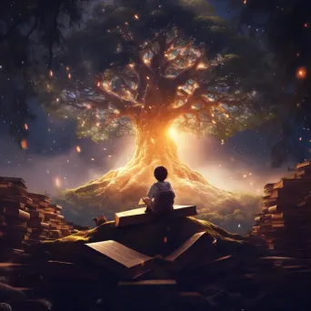 Child reading a giant book under an oak tree symbolizing learning - Image 3