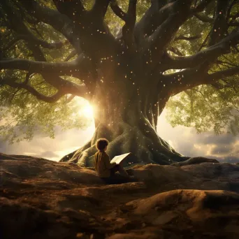 Child reading a giant book under an oak tree symbolizing learning - Image 4