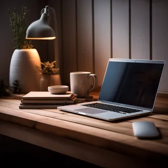 Minimalist office with laptop, coffee, and notepad on desk - Image 1