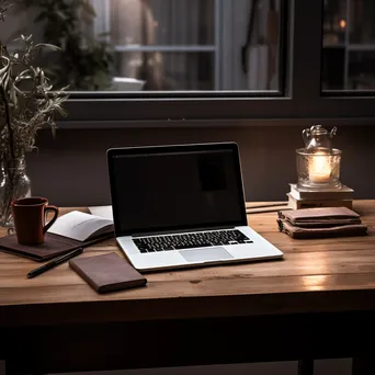 Minimalist office with laptop, coffee, and notepad on desk - Image 4