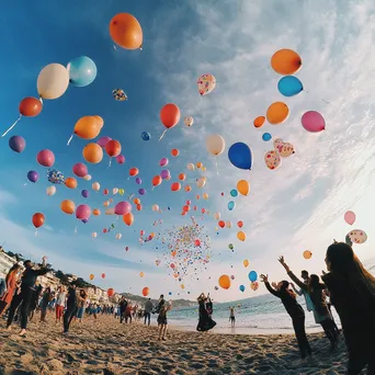 Friends releasing balloons at a beach birthday party. - Image 3