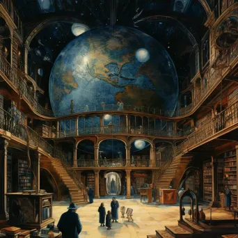 Grand old library with tall bookshelves and detailed globe - Image 3