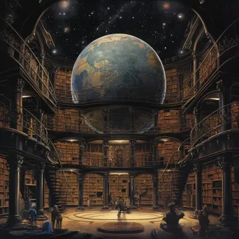 Grand old library with tall bookshelves and detailed globe - Image 4